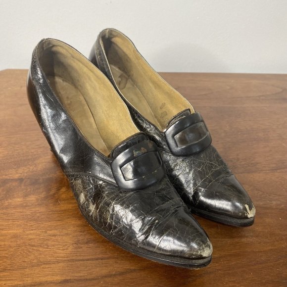 Antique Victorian black buckle Womens shoes 1940 1930’s